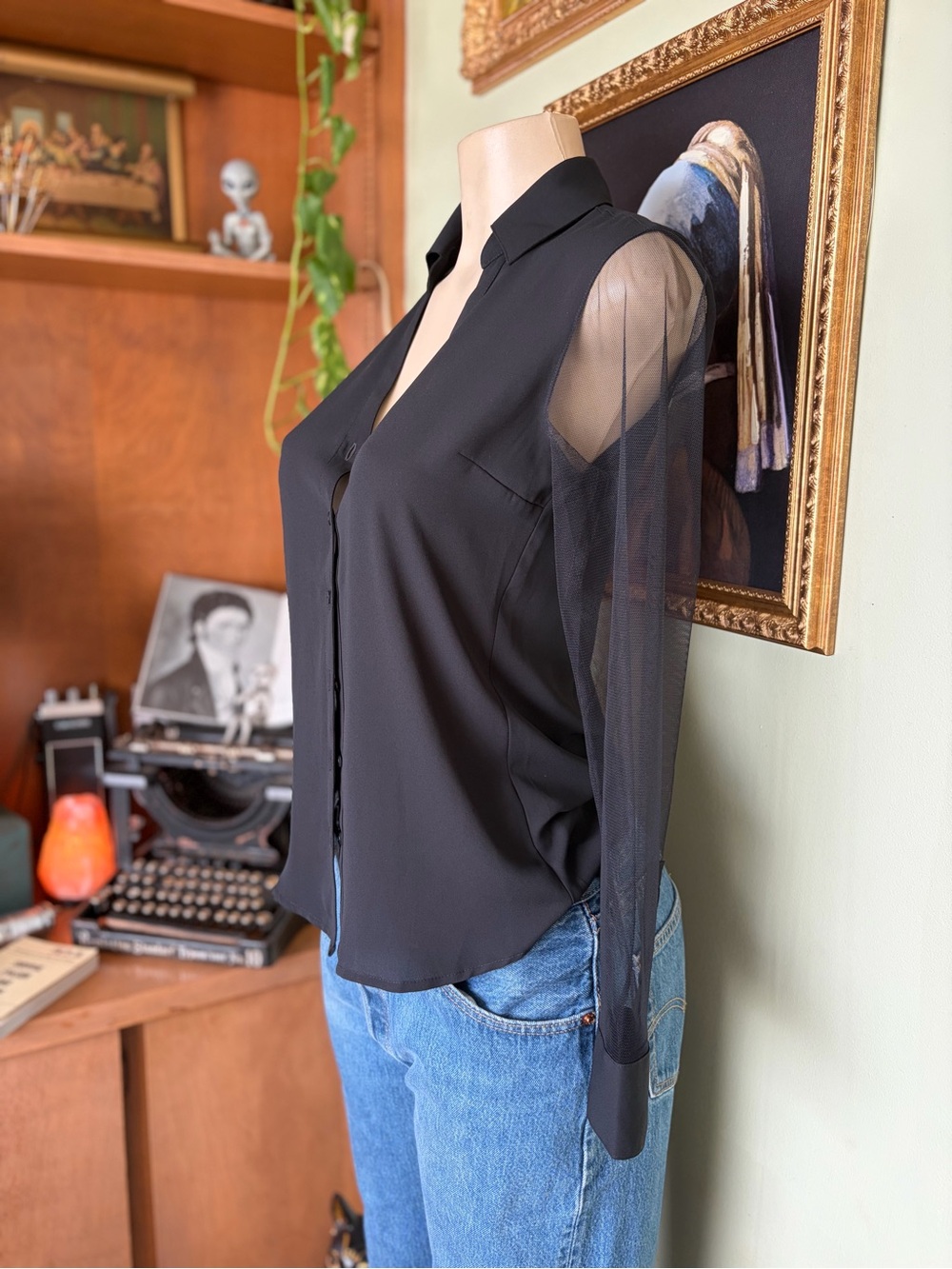 Express Black Portofino Button-Down Top with Sheer Sleeves Size XS Slim-Flit - Picture 7 of 15